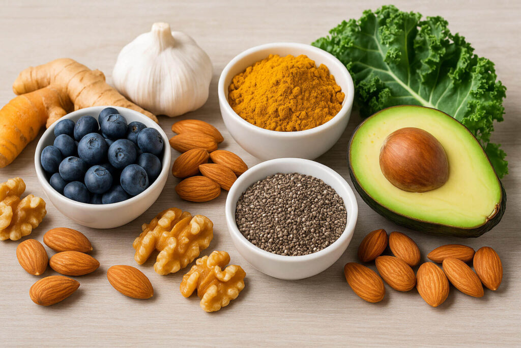 Varietà di cibi salutari, tra cui avocado, mirtilli, curcuma, frutta secca, aglio e semi, presentati su un tavolo