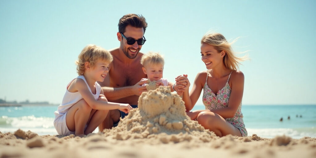 Una famiglia felice sulla spiaggia, intenta a costruire castelli di sabbia sotto il sole