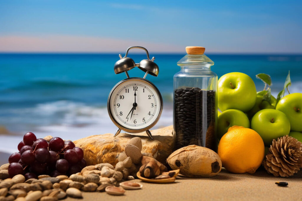 Una sveglia, frutta fresca e frutta secca, sulla spiaggia con il mare sullo sfondo