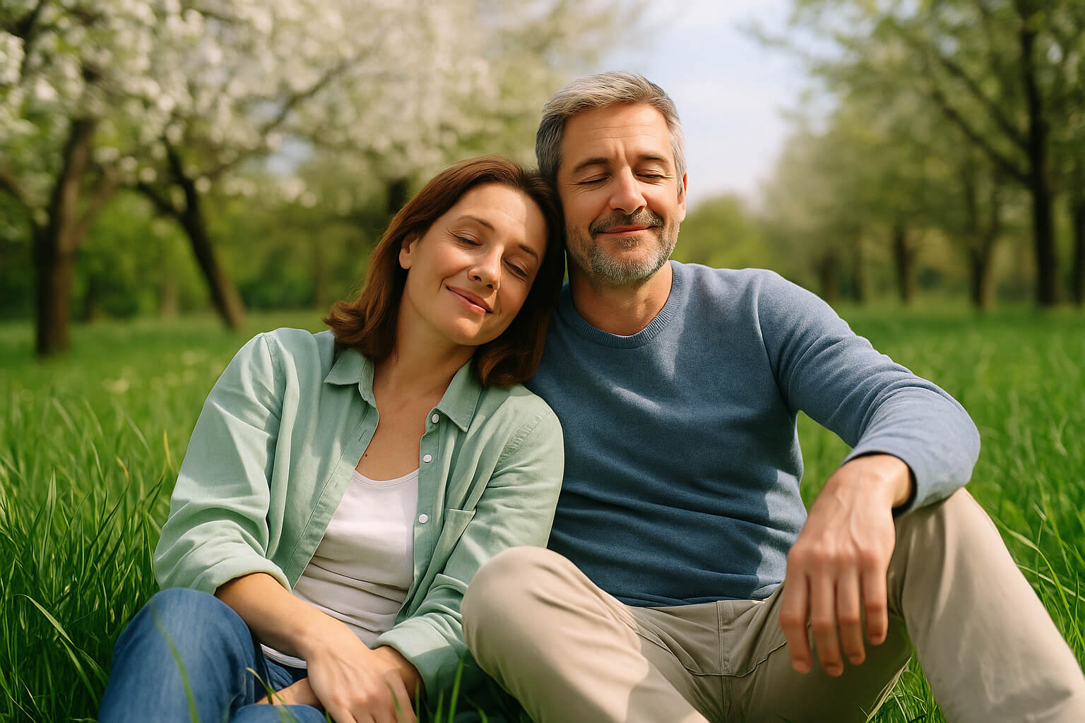 Un uomo e una donna si sorridenti in un momento di relax seduti in un prato, sono circondati da alberi fioriti.