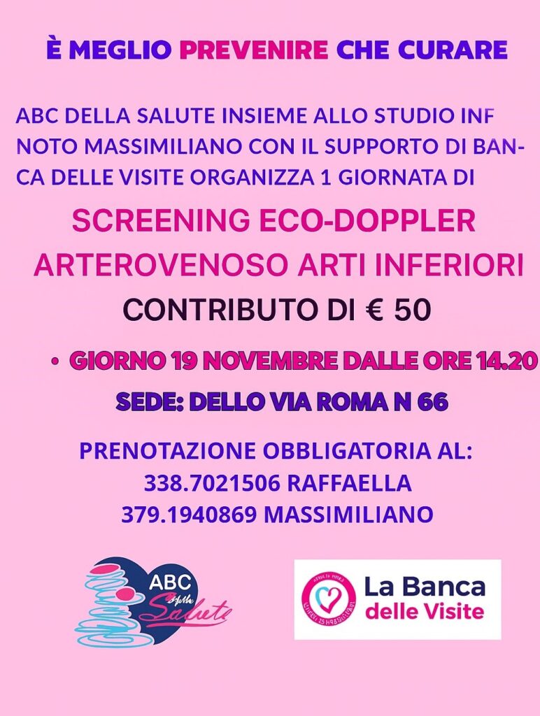 fornisce le informazioni principali riguardo la giornata di screening eco-doppler arterovenoso del 19 novembre.