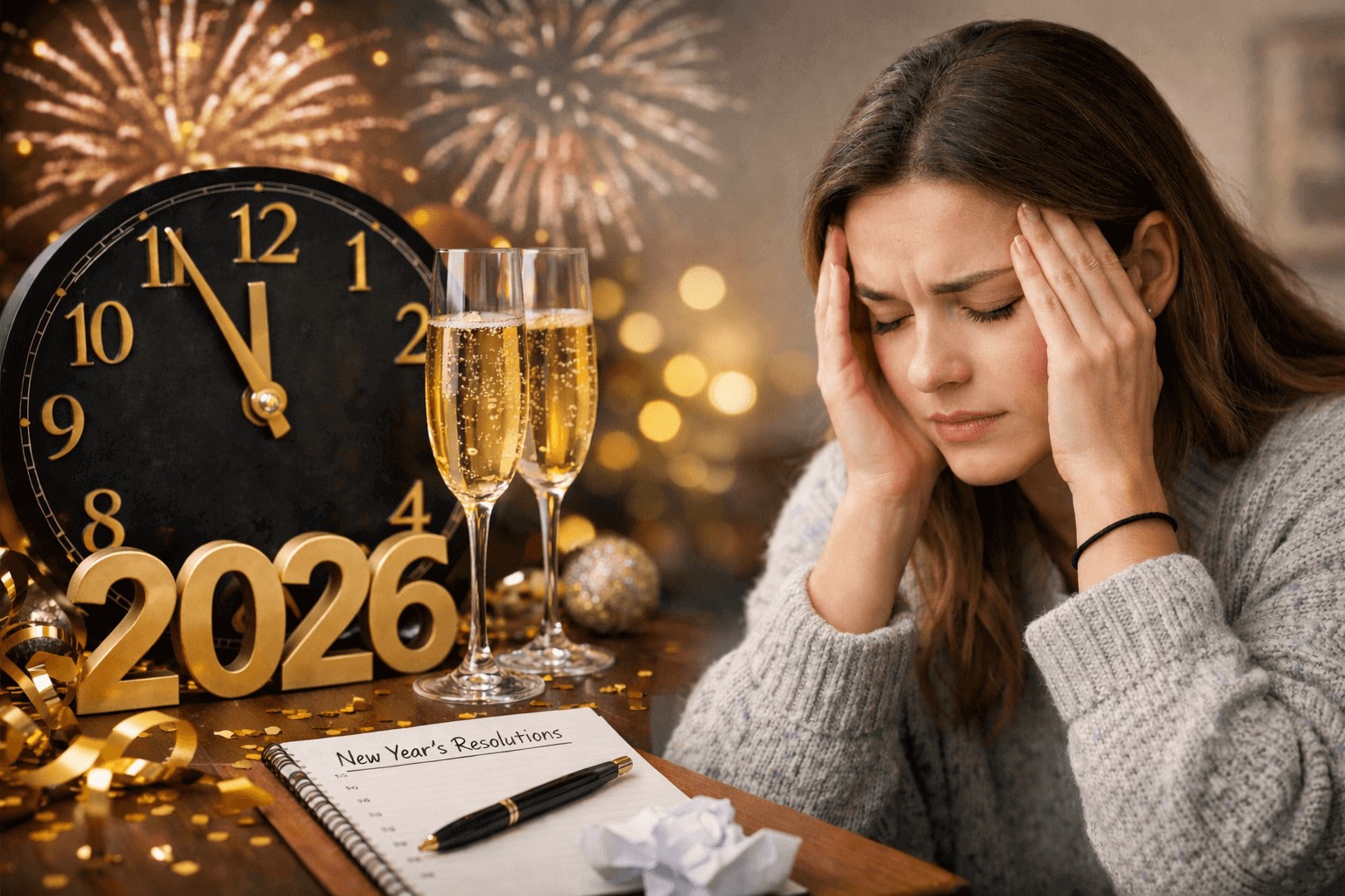 Immagine simbolica del Capodanno 2026: il contrasto tra celebrazione e disagio emotivo, con una donna in primo piano e elementi festivi sullo sfondo, a rappresentare l’ansia legata al nuovo inizio.